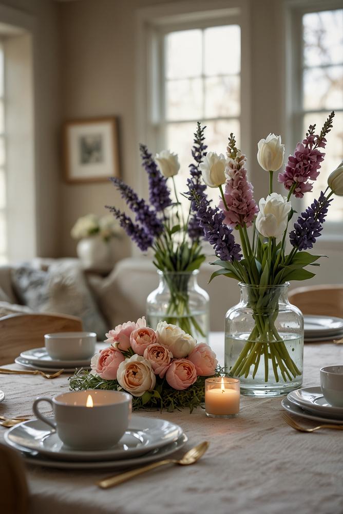 Elegante Osterdeko mit Kerzen und Pastellblumen im Raum