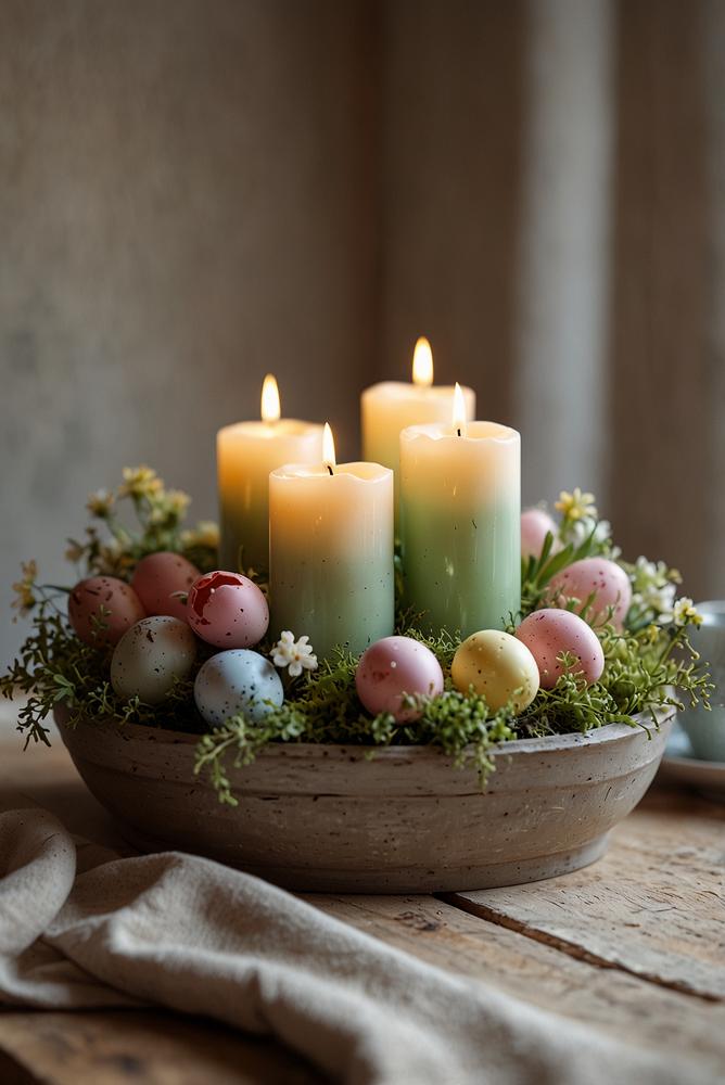 Eleganter Kerzen-Tischmittelpunkt mit Osterdeko, hell und einladend