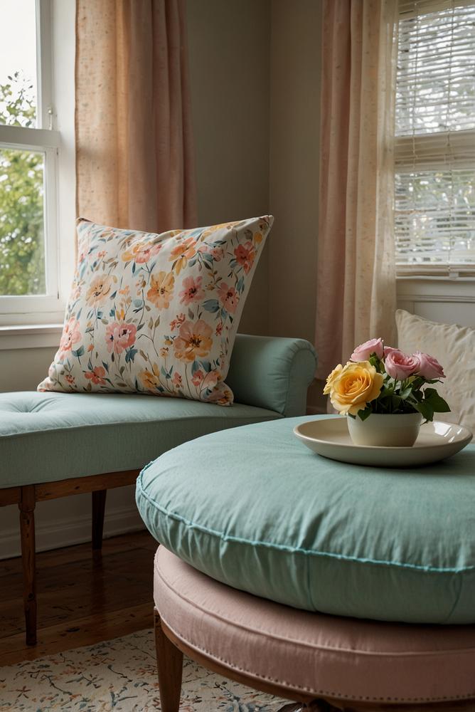 Pastellfarbene Stuhlkissen im hellen Essbereich