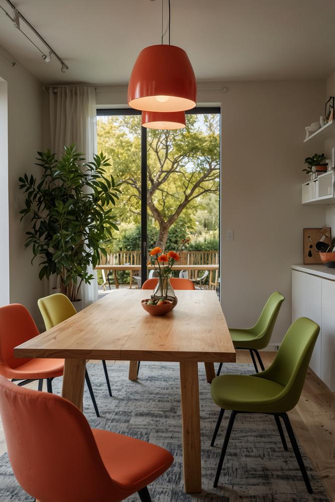 Esszimmer mit Stühlen in kräftigen Frühlingsfarben