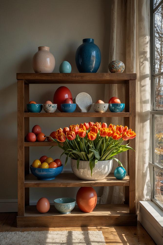 Etagere mit Tulpen und dekorativen Eiern auf Fensterbank