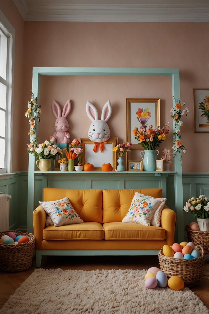 Familien-Photobooth mit Osterrequisiten im Wohnzimmer, hell und einladend