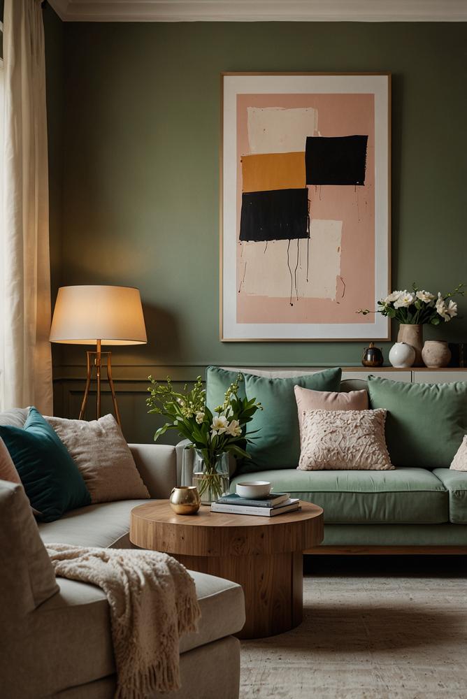 Heller Wohnraum mit harmonischen Pastellfarben und warmem Licht