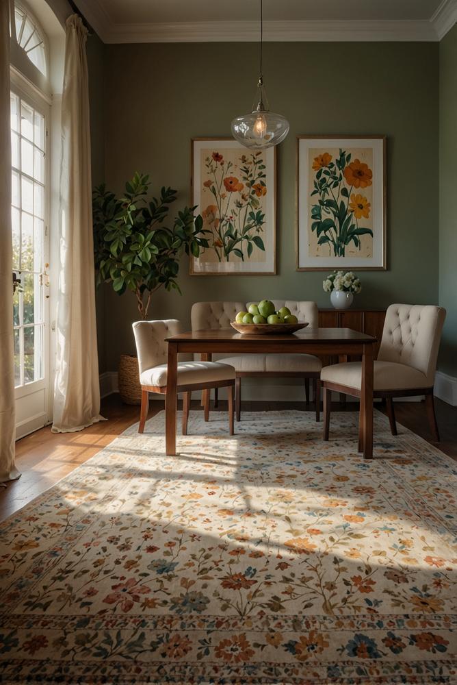 Feiner Teppich im hellen Essbereich mit Frühlingsfarben