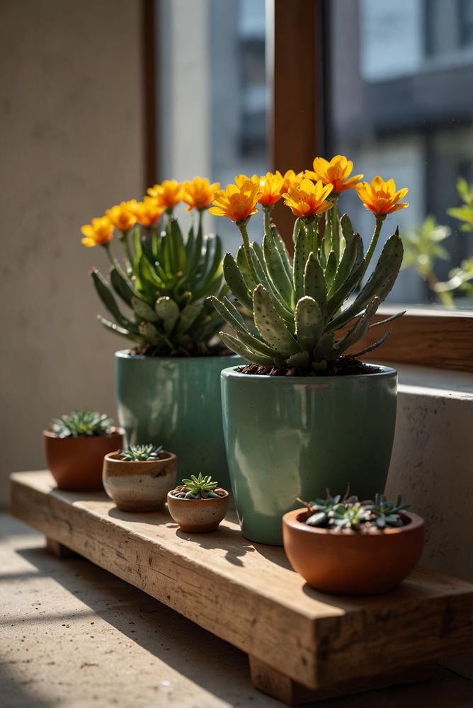 Fensterbank mit bunten Fruehlingspflanzen und farbigen Toeppfen