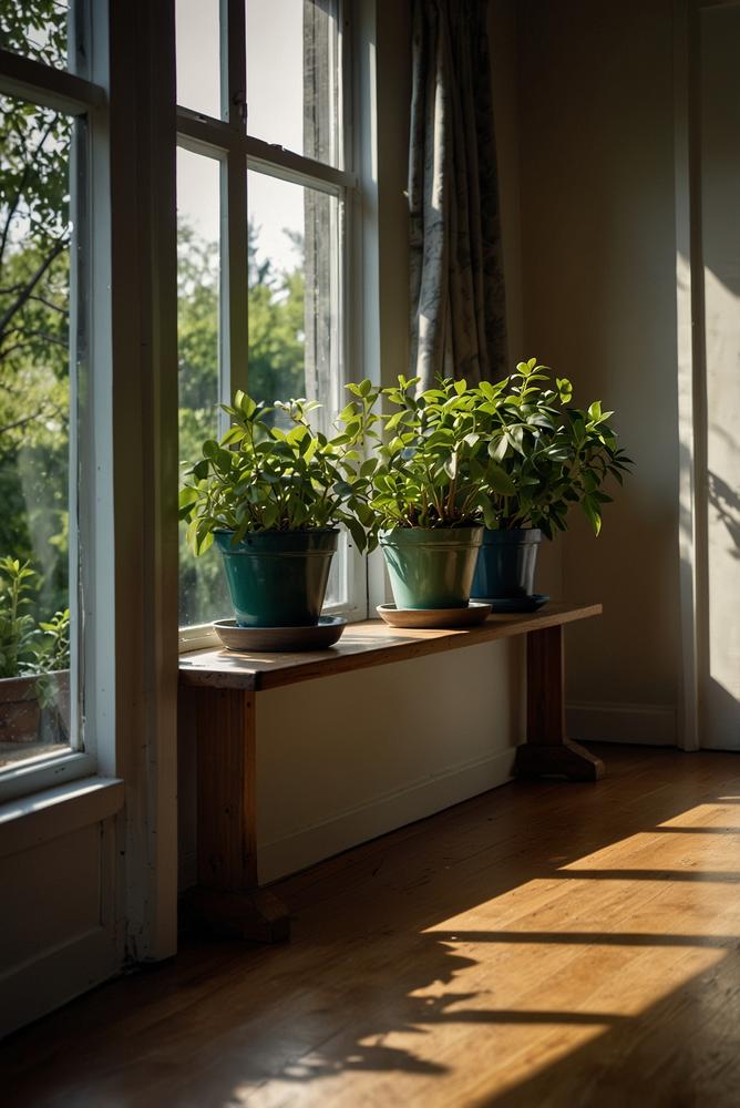 Fensterbank mit Pflanzen und reflektoren im Wohnzimmer