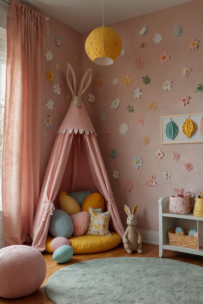 Filz-Hasen-Mobile an Oster-Wand im Kinderzimmer