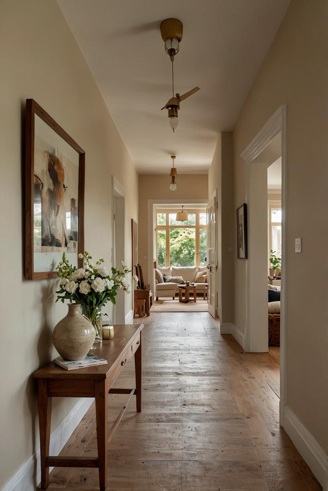 Heller Flur mit natürlicher Holzdekoration und viel Tageslicht