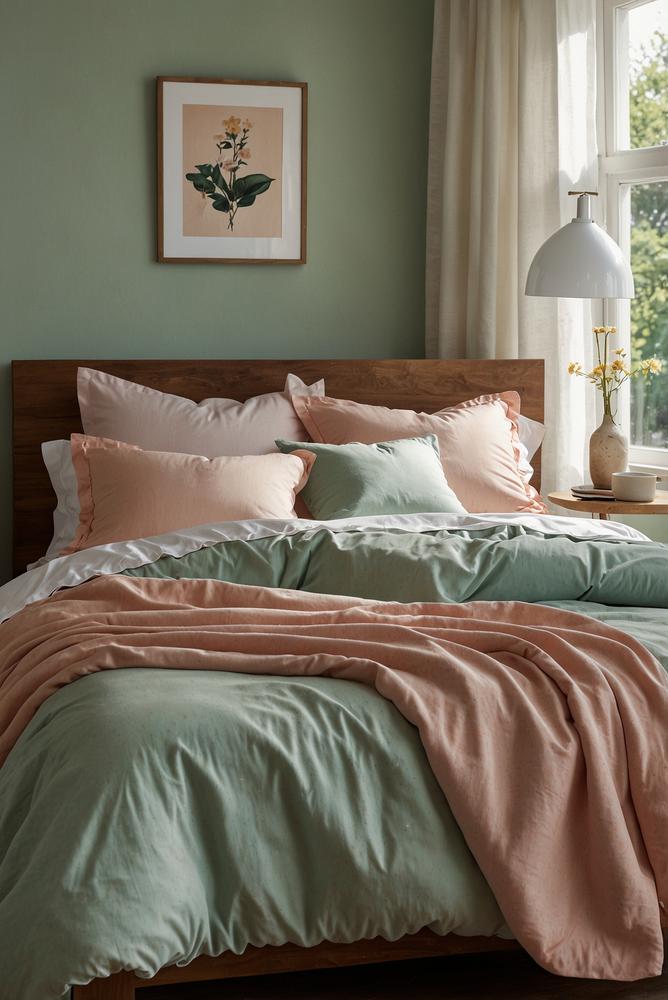 Schlafzimmer mit frischer Mint und Apricot Bettwäsche in hellem Licht