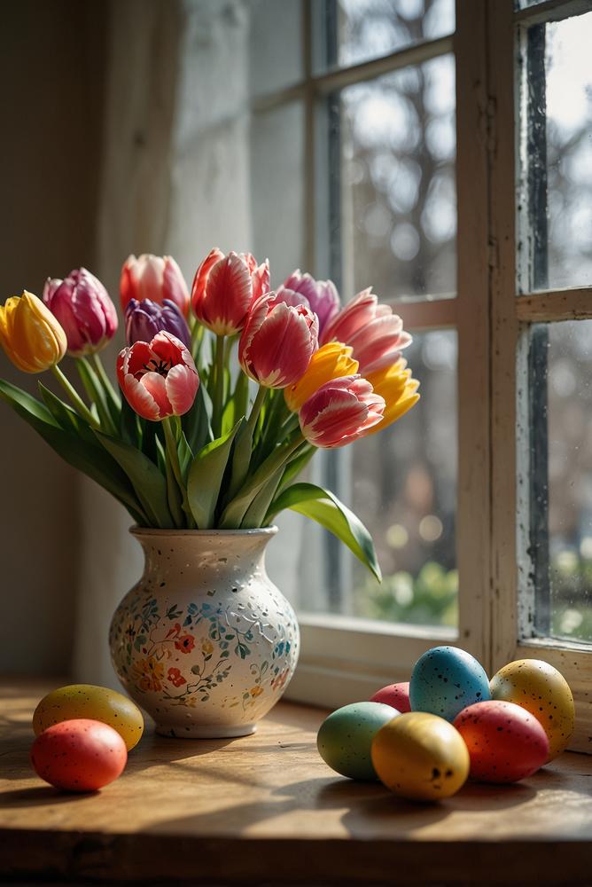 Helle Fensterbank mit Tulpen und handbemalten Ostereiern