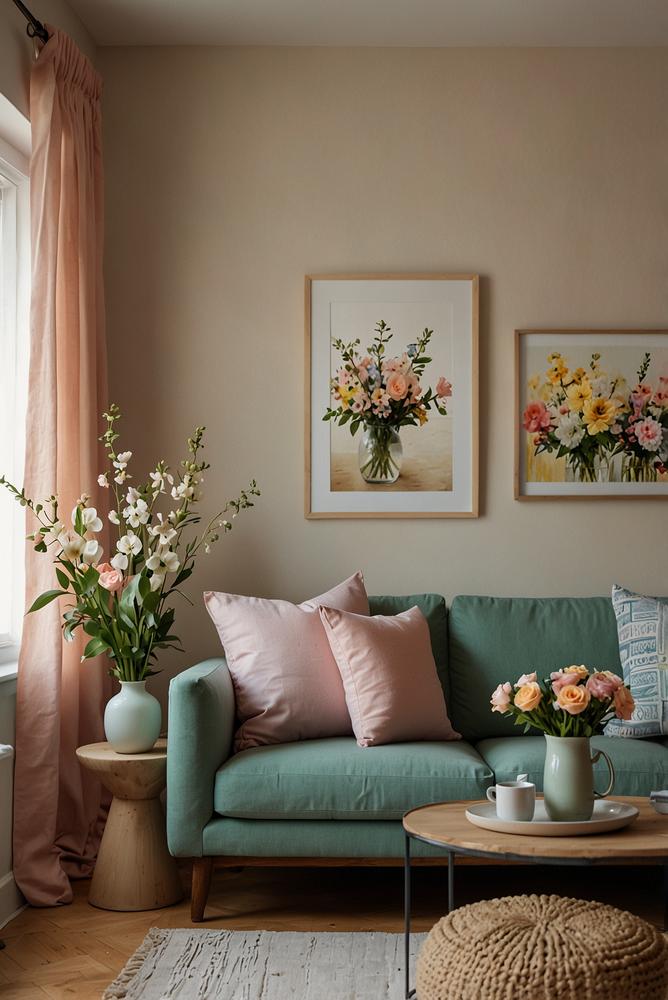 Helles Wohnzimmer mit floraler Kunst und Pastelltönen