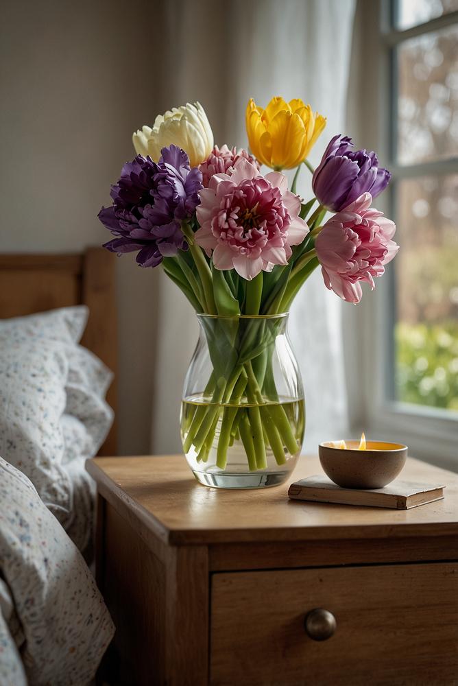 Frische Schnittblumen im hellen Schlafzimmer