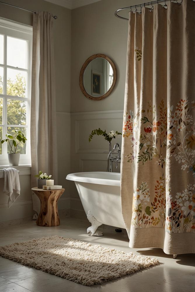 Helles Badezimmer mit frischgemustertem Duschvorhang und Textilien