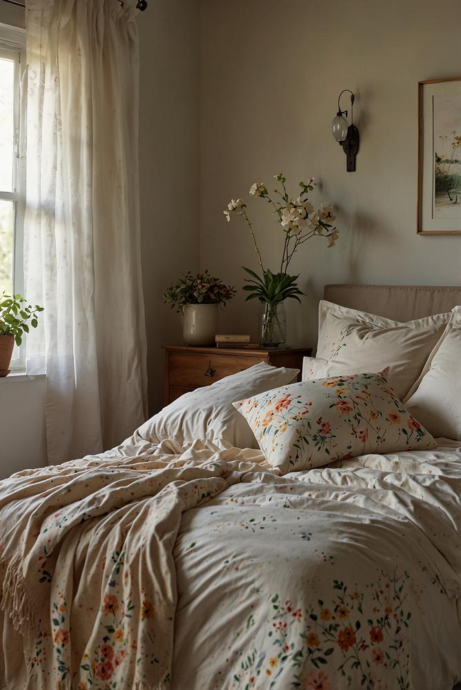 Helle, frische Bettwäsche und Kissen im Schlafzimmer im Frühling