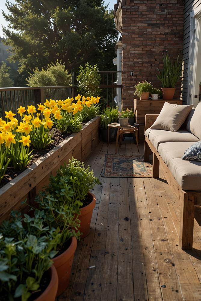 Heller, einladender Frühlingsbalkon mit Blumen und Lounge-Möbeln