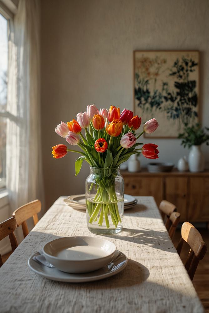 Frühlingsdeko mit bunten Tulpen auf dem Esstisch