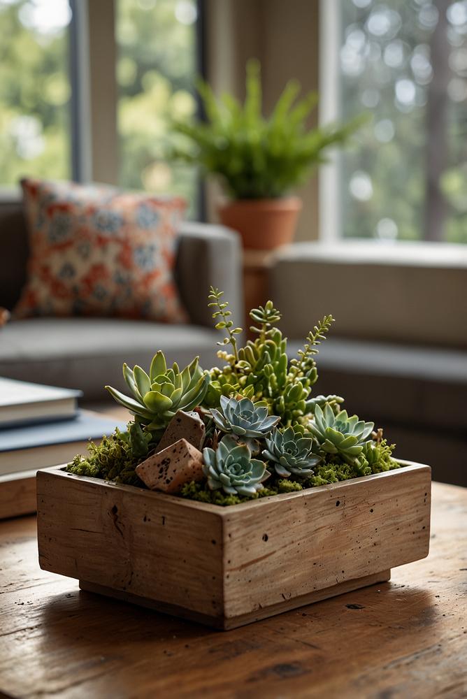 Frühlingsdeko auf Couchtisch mit kleinen Pflanzengruppen