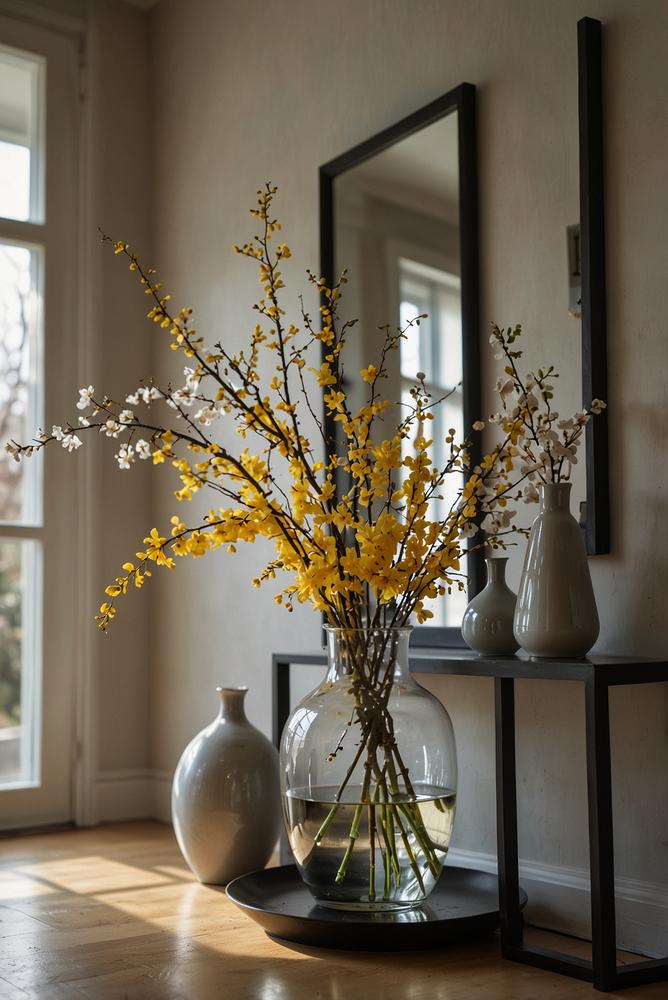 Helle springdeko im flur mit konsole und vasen