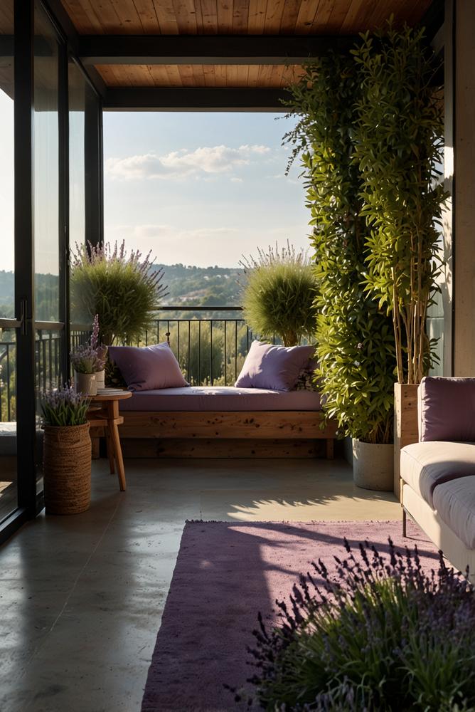 Balkon mit hellen Hängeampeln und Lavendel in der Frühlingsdeko