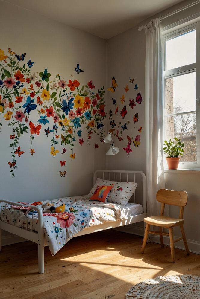 Lichtdurchflutetes Kinderzimmer mit bunten Wandstickern und Mobile