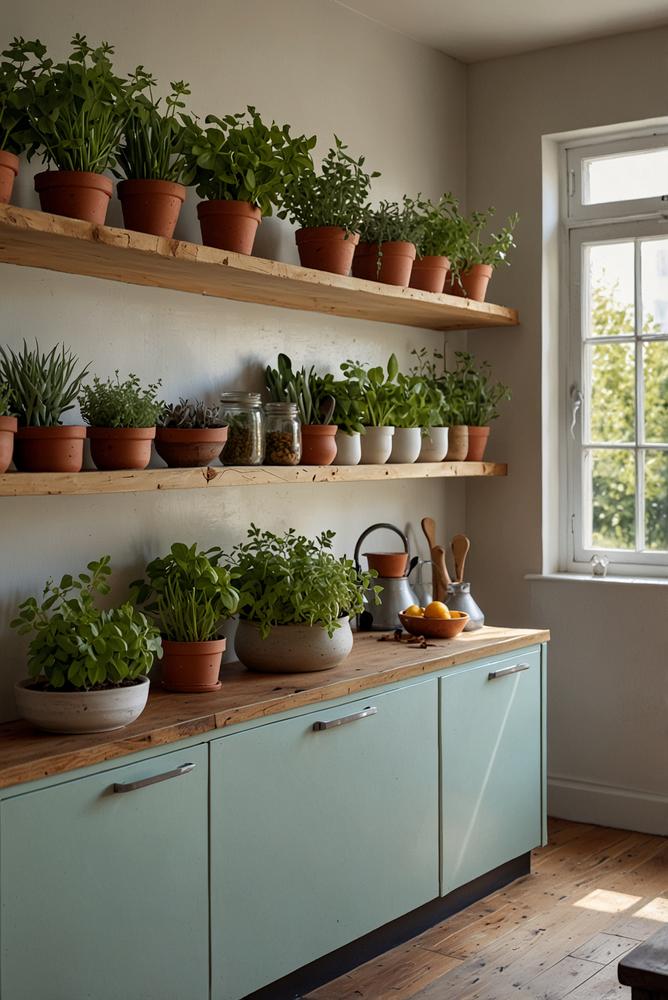 Helle Küche mit frischen Kräutern in Töpfen
