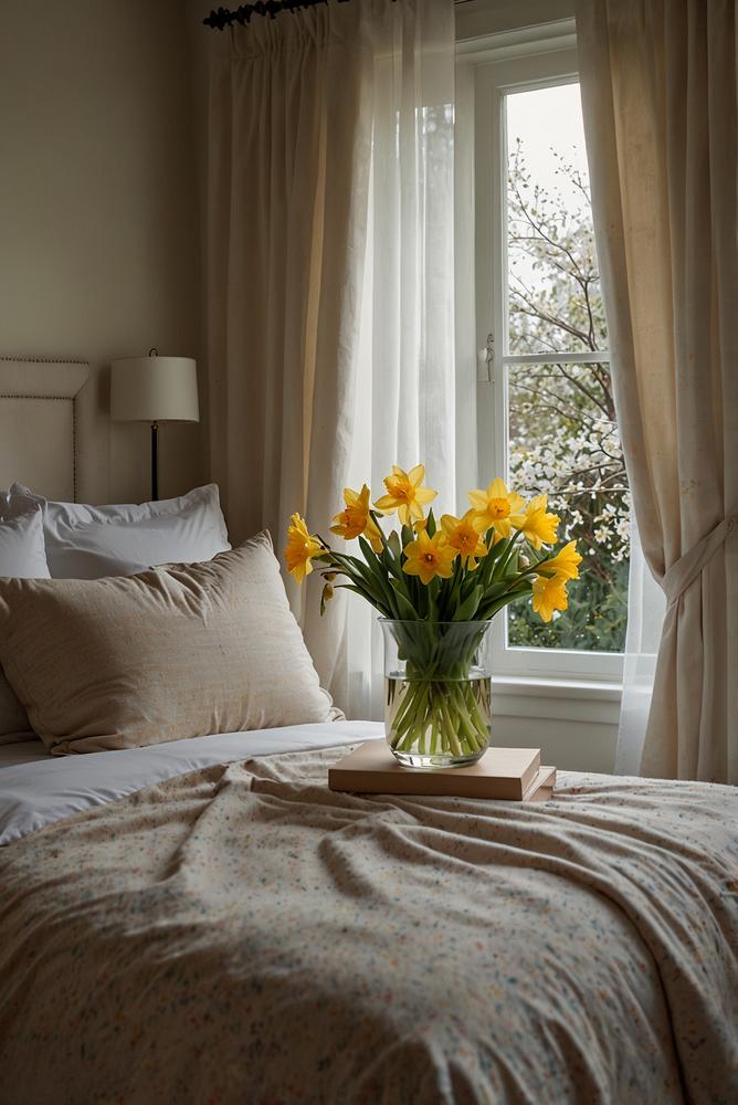 Luftiges schlafzimmer mit fruehlingsdeko und blumen