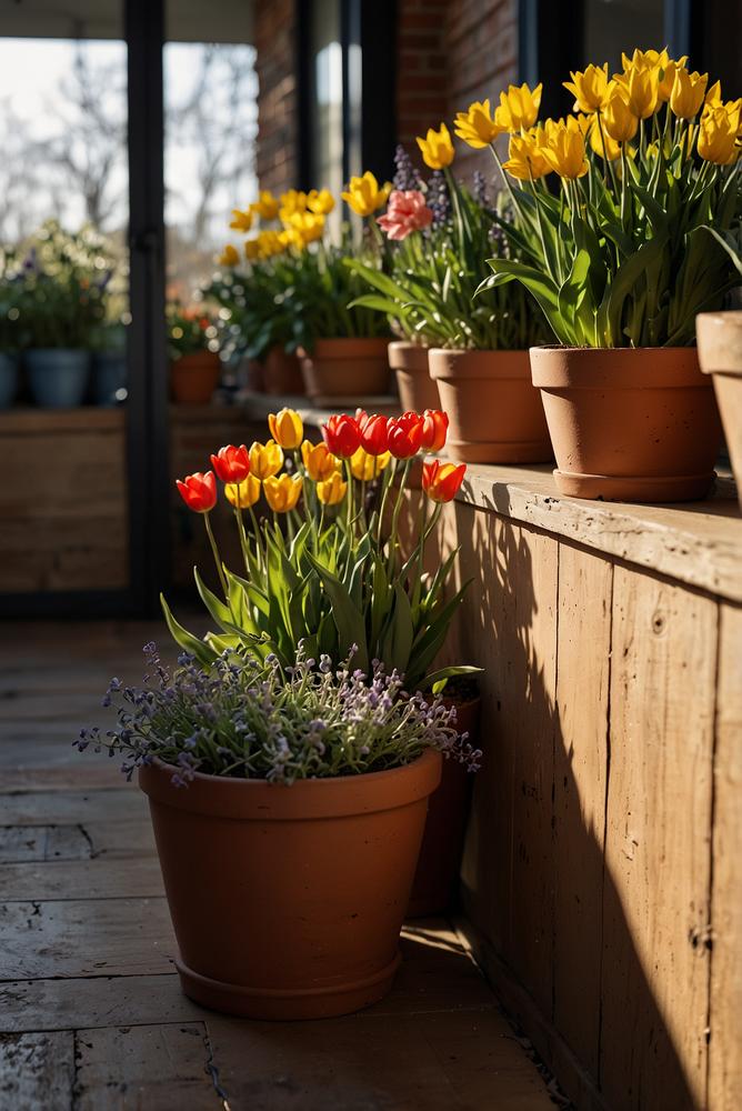 Helle Terrasse mit Lichterketten und frischen Topfpflanzen