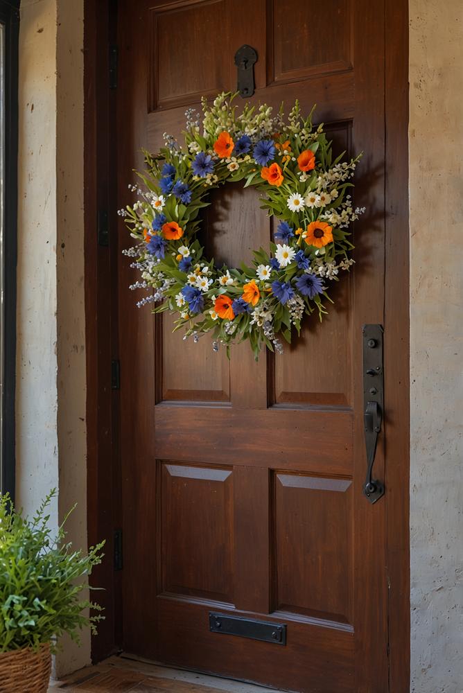 Haustür mit hellem Wildblumenkranz im Frühling