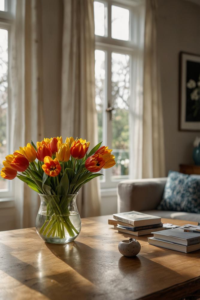 Helles Wohnzimmer mit bunten Frühlingsblumenarrangements