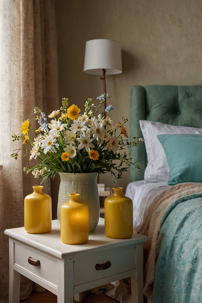 Heller Nachttisch mit frühlingshafter Dekoration und Blumen