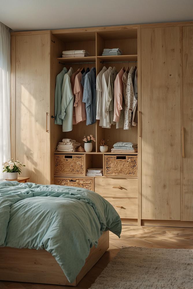 helles schlafzimmer mit pastellfarbenen schrankfronten