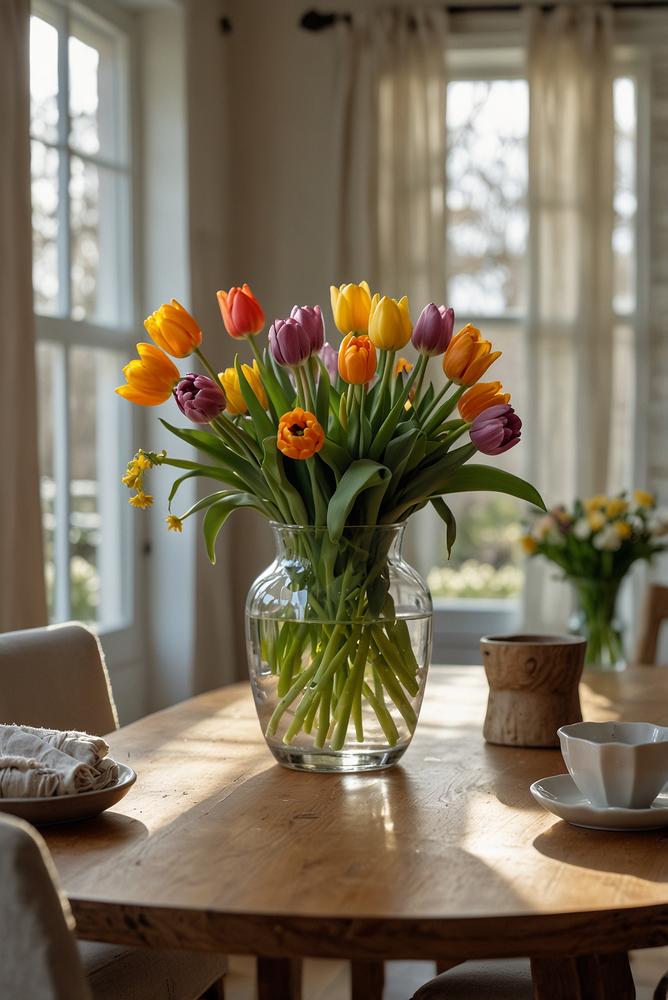 Frische Frühlingsblumen als Centerpiece auf dem Esstisch