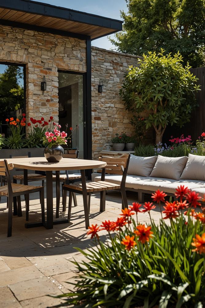 Hell und einladend gepflegter Frühlingsgarten mit Terrasse