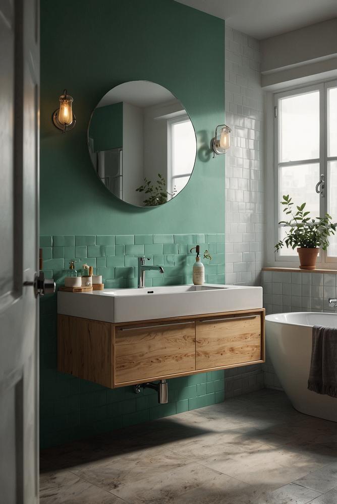 Hell angenehmes Badezimmer mit mintgruener Akzentwand