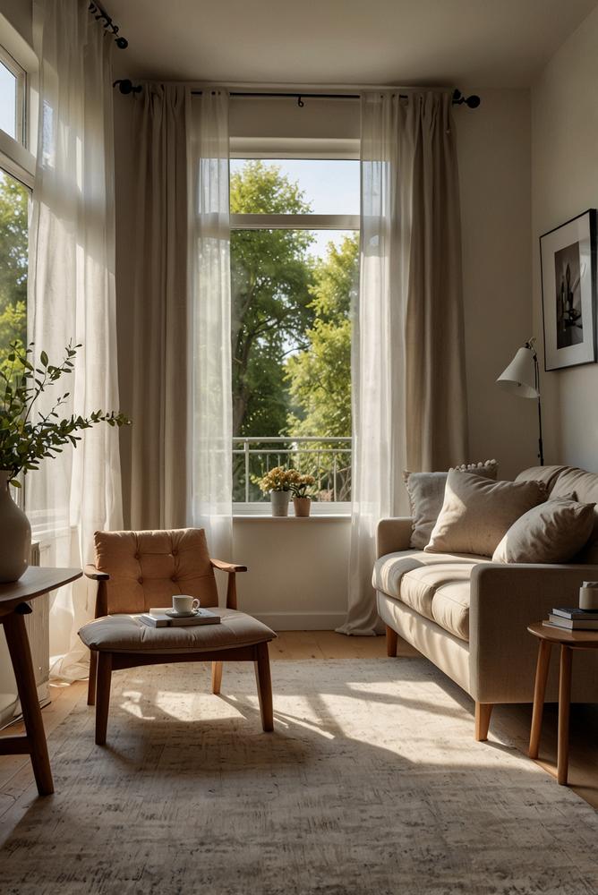 Hell und luftig gelüftetes Wohnzimmer mit frischer Luft