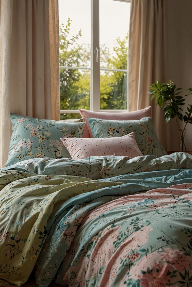 Helles Schlafzimmer mit pastellfarbener Bettwäsche und floralen Mustern