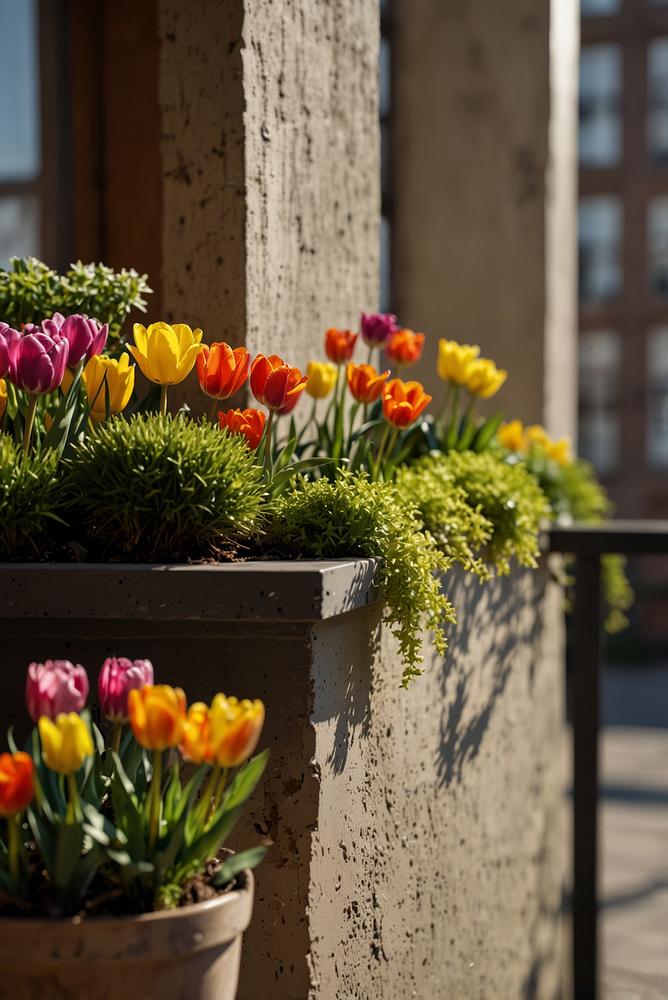 Heller Balkon mit frühlingshaften Blumenboxen zu Ostern