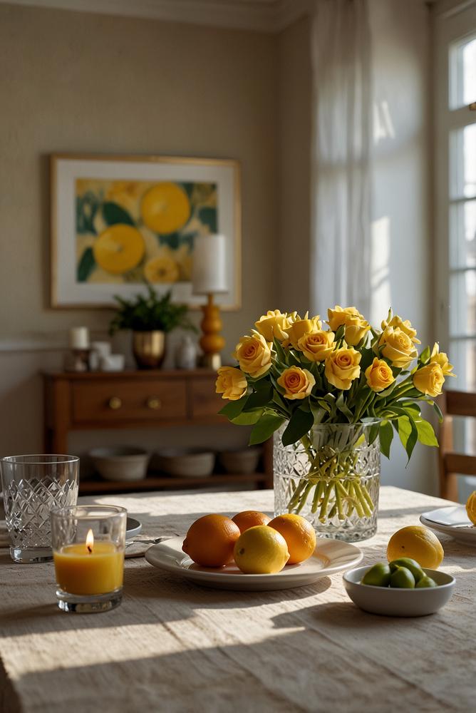 Heller Essbereich mit zitronigen Duftkerzen und Raumdüften