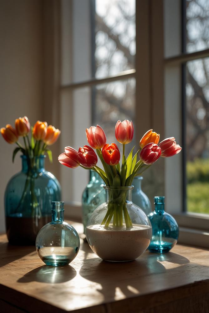 Helle Fensterbank mit Tulpen in Glasflaschen und Keramik-Eiern