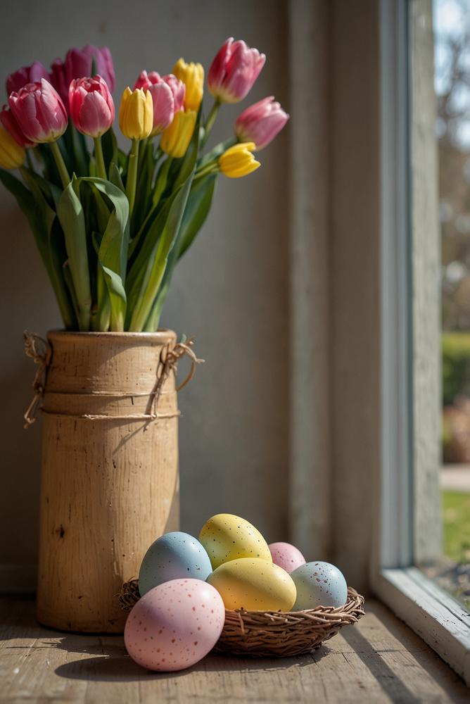 Heller Eingangsbereich mit frühlingshafter Osterdeko und Blumen