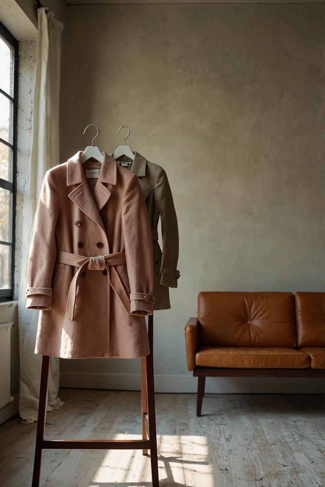 Heller Frühlingsmantel mit stilvollem Gürtel und natürlichem Licht