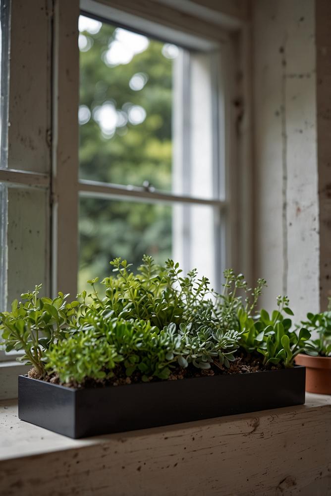 Wohnzimmerfensterbank mit hellem Mini-Kräutergarten und frischem Grün