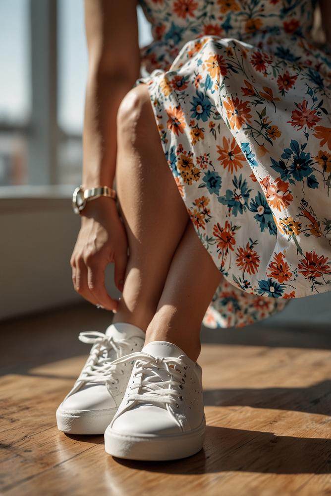 Heller Raum mit Sneakern und Kleid für Frühlingslook