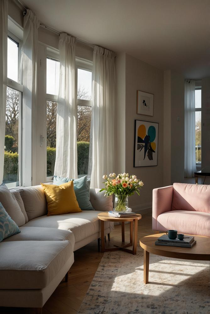 Helles Wohnzimmer mit frischer Möbelanordnung zum Frühling