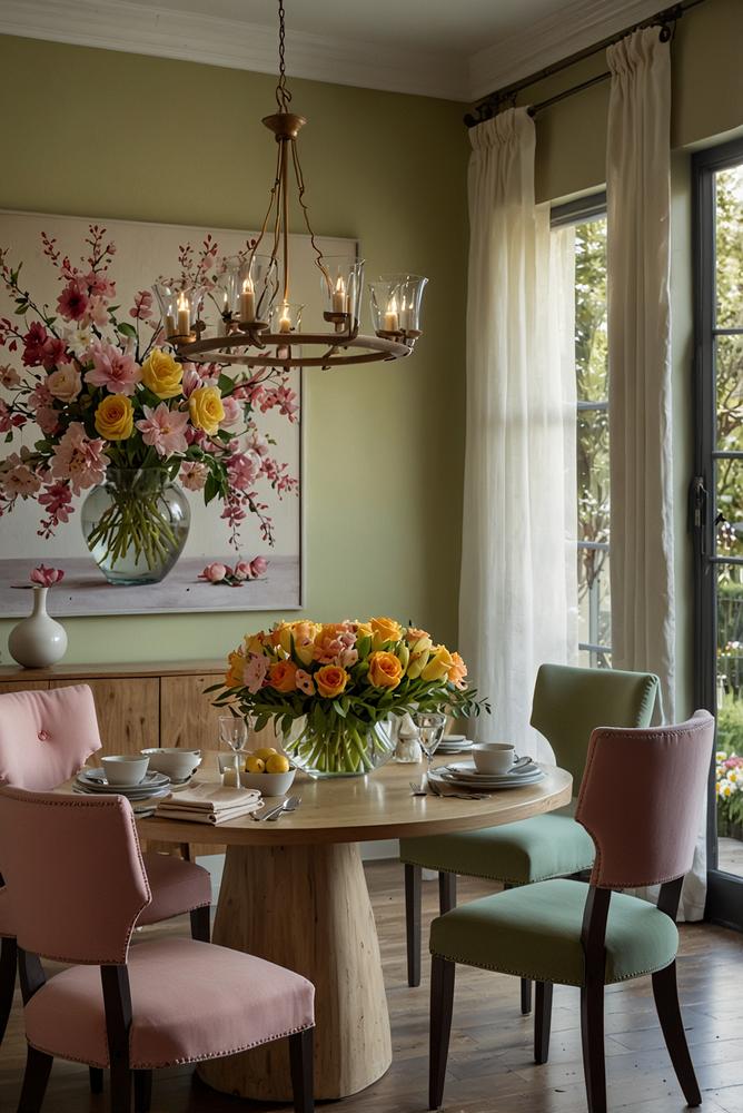 Helles Esszimmer mit fruehlingshaftem Wandbild