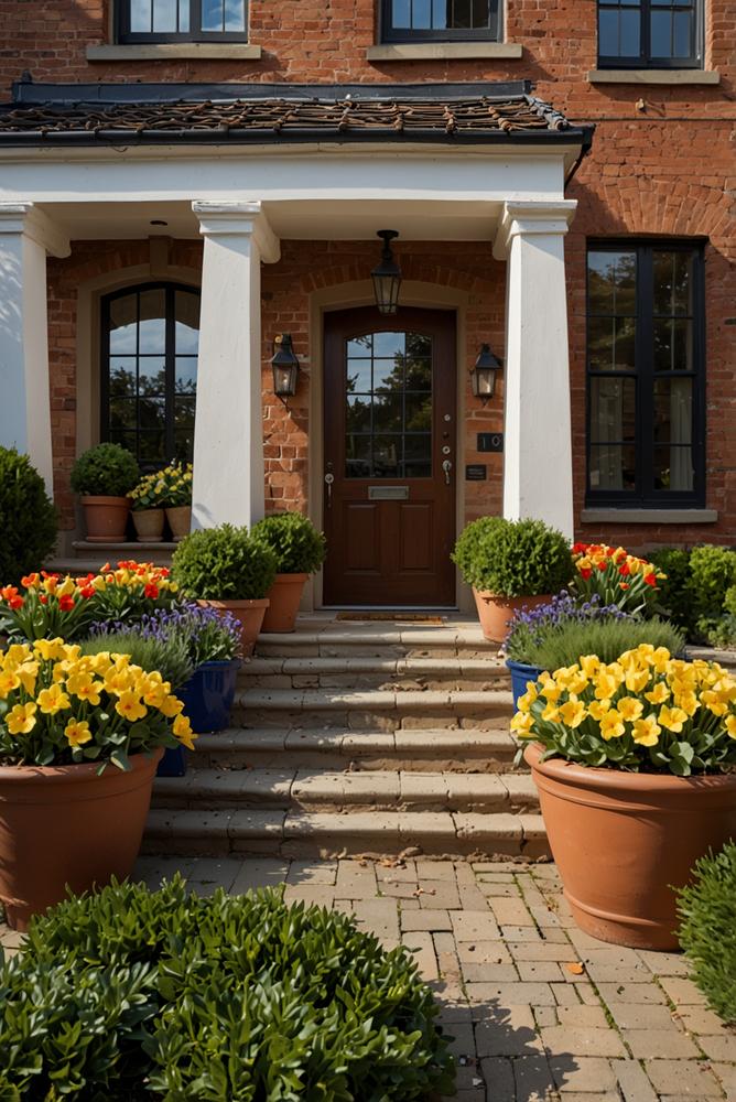 Heller Eingangsbereich mit bunten Frühlingspflanzen in Töpfen