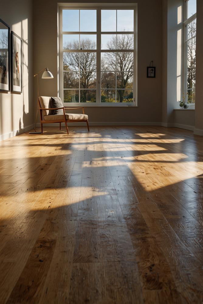 Heller Raum mit gepflegtem Parkett, Fliesen und Laminatboden