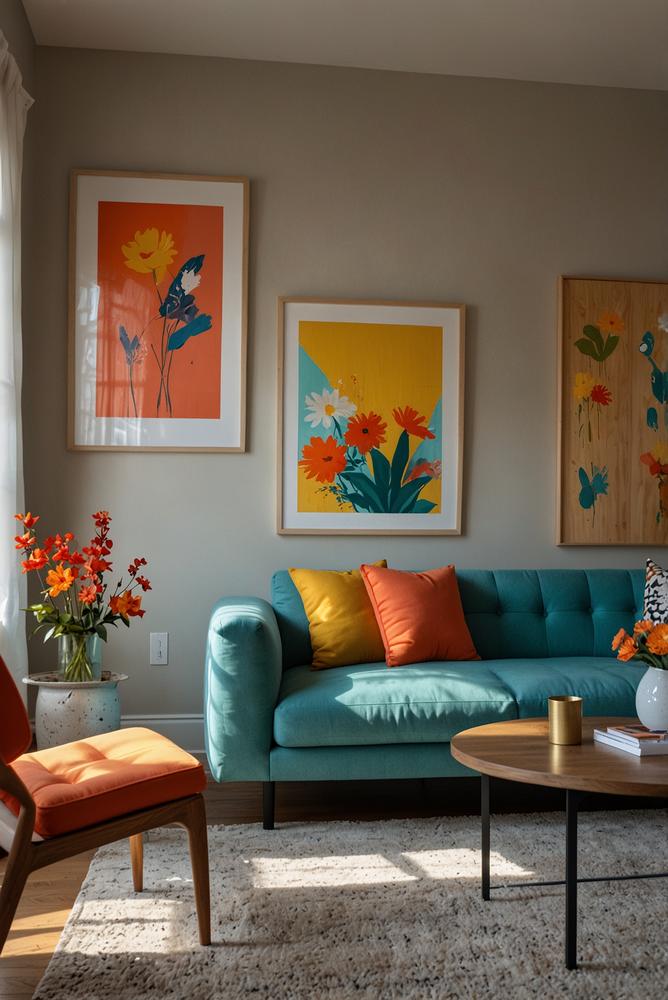 Helle Galeriewand mit kräftigen Frühlingsfarben und moderner Kunst