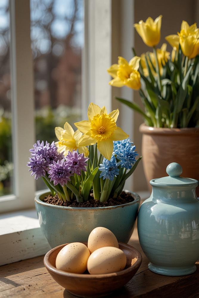 Gemütliche helle Oster-Sitzecke auf Balkon mit Frühlingsdeko