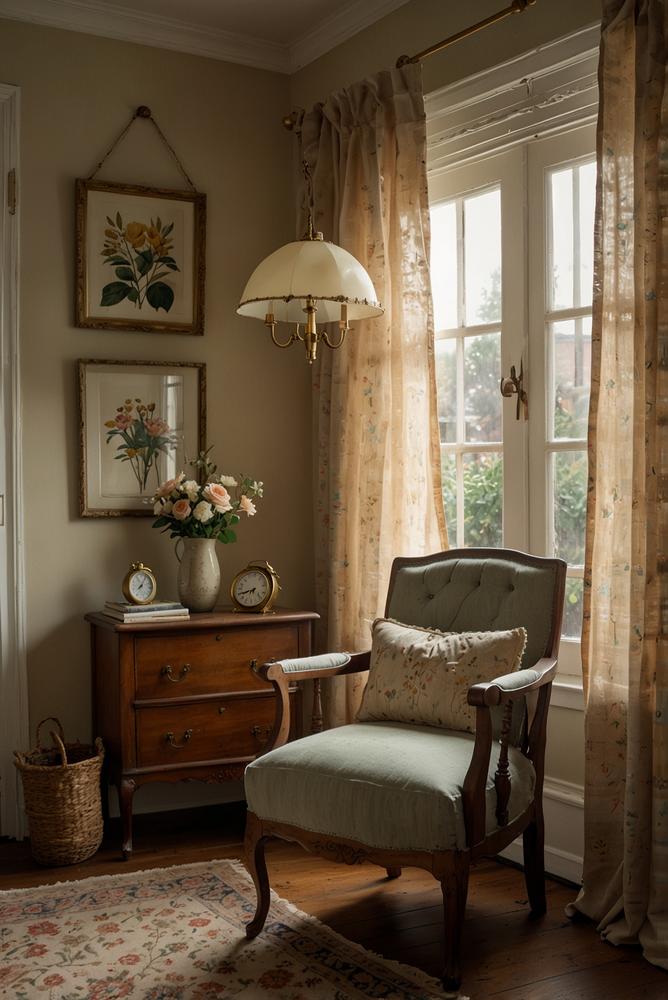 Gemütliche Vintage-Deko im Schlafzimmer mit Pflanzen und antiken Möbeln